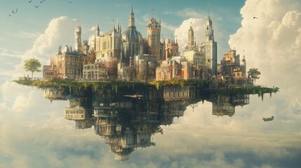Naklejka premium Floating city with reflection in the clouds.