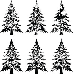 Grunge Black & White Pine Tree Silhouettes: Vector Illustration Set of Evergreen Forest Trees for Christmas & Nature Designs
