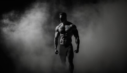 Fototapeta premium Fitness bodybuilder dark and mysterious atmosphere muscular man silhouette surrounded by smoke creates strength and masculinity in his body