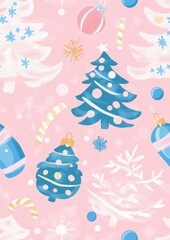 Cute Pastel Christmas Pattern with Trees and Ornaments