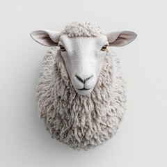 Obraz premium Realistic sculpture of sheep mounted on a plain wall, showcasing detailed wool texture.