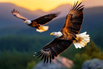 Obraz premium Majestic eagle soaring high over a mountain range at dawn