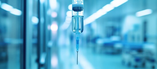 Closeup of an IV drip bag hanging in a hospital room.