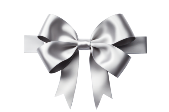 Sleek silver ribbon tied into a simple, symmetrical bow with soft curves isolated on white background