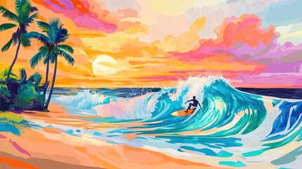 Fototapeta na wymiar Surfer riding wave, palm trees, sunset.