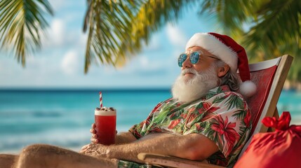 Santa Claus in a Hawaiian shirt relaxing by ocean and sipping a tropical drink. Tropical Christmas