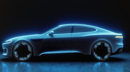 Fototapeta premium A sleek 3D rendering of an electric vehicle (EV) showcased from a dynamic angle. The car has a modern, aerodynamic design with smooth curves and sharp edges, glowing with energy-efficient lights.