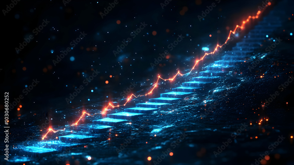 Poster a glowing staircase representing an upward trend in data visualization.
