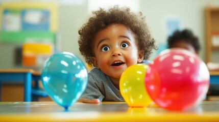 Obraz premium Young boy surprised by colorful balloons.