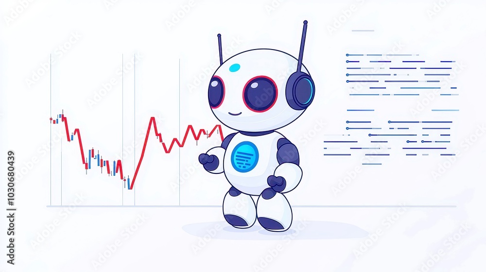 Poster ai robot analyzing financial performance, a sleek outline illustration of an ai robot examining mark