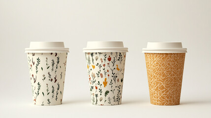 Three coffee cups featuring nature-themed patterns in earthy tones on a light background.