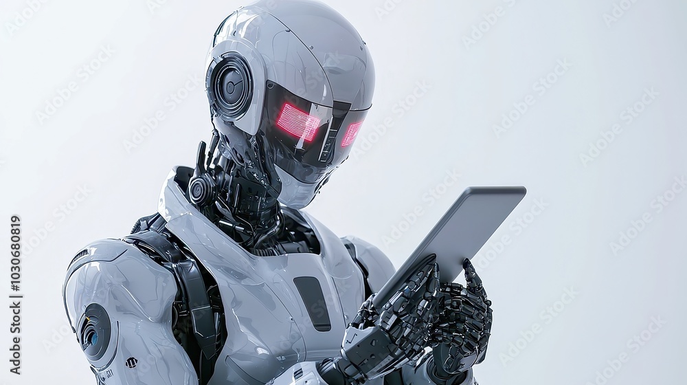 Poster ai robot analyzing supply and demand dynamics, set against a plain backdrop, showcasing advanced tec