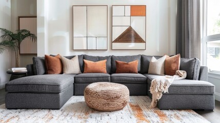A cozy family room with muted taupe walls a plush ivory rug and a deep grey sectional adorned with muted orange and brown throw pillows and geometric wall art.