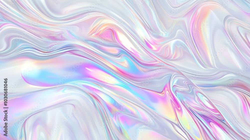 Poster A stunning abstract holographic background with flowing liquid marble patterns and soft pastel color waves. This fluid design creates a modern and elegant visual aesthetic, perfect for use in posters,