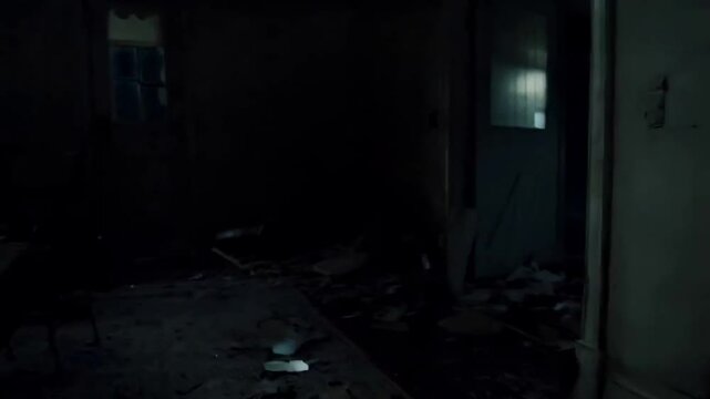 Shattered mirror hanging crookedly on the wall of a semi-dark, abandoned house, with debris scattered across the floor.