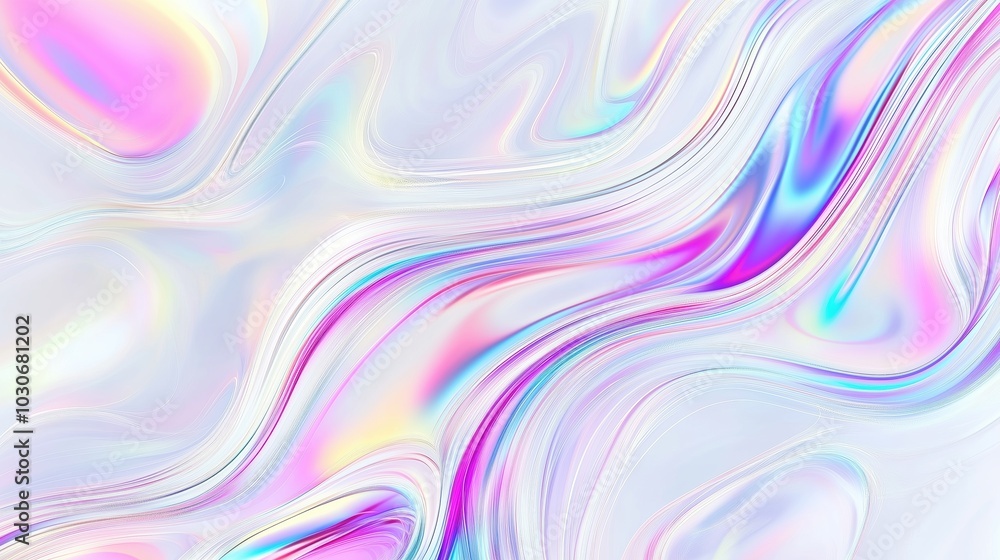 Poster A stunning abstract holographic background with flowing liquid marble patterns and soft pastel color waves. This fluid design creates a modern and elegant visual aesthetic, perfect for use in posters,
