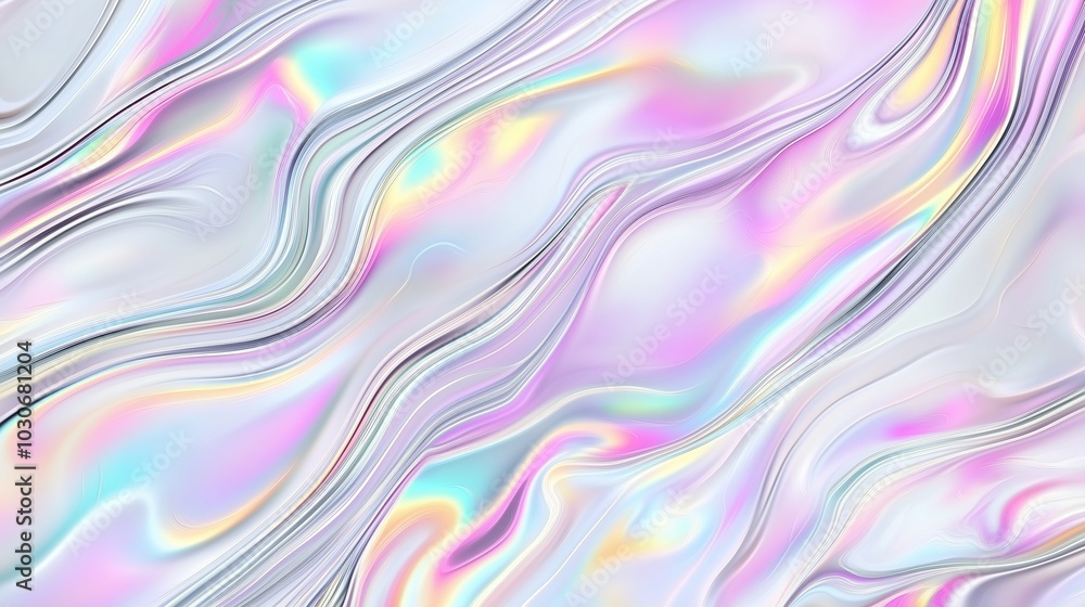 Poster A stunning abstract holographic background with flowing liquid marble patterns and soft pastel color waves. This fluid design creates a modern and elegant visual aesthetic, perfect for use in posters,