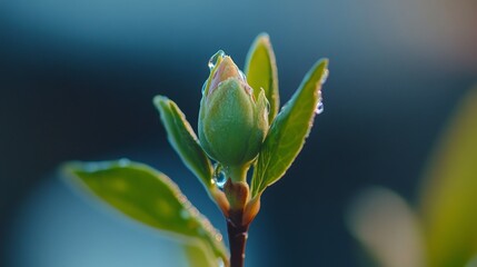 Water gently falls on the tender green tree buds, symbolizing the germination and growth of life and the nourishing power of nature, capturing the essence of rebirth and sustainability in nature.