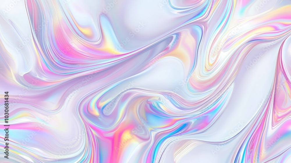 Poster A stunning abstract holographic background with flowing liquid marble patterns and soft pastel color waves. This fluid design creates a modern and elegant visual aesthetic, perfect for use in posters,
