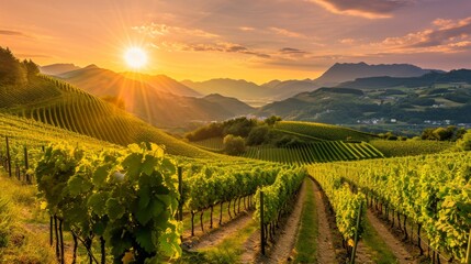 Fototapeta premium Captivating Austrian Alps: A Majestic Sunset over Vineyards and Mountain Valleys