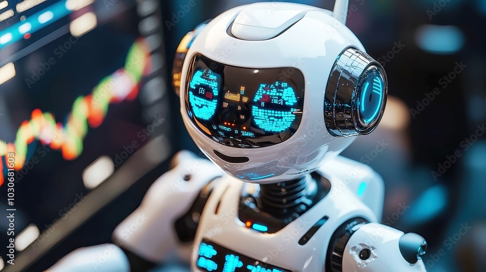 Poster market trend tracker, a vibrant 3d rendered cartoon depicting an ai robot analyzing and visualizing 