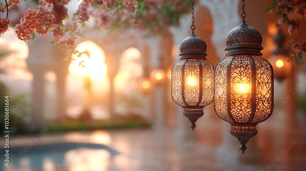 Poster serene arabian backdrop featuring ornate white and gold lanterns hanging gracefully creating a luxur