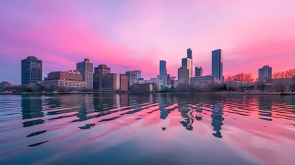 Obraz premium City Skyline at Dusk with Prominent Arch and Vibrant Sky Reflections on Water