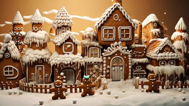 Delightful gingerbread village adorned with cream icing snow and cheerful figures during the festive winter season