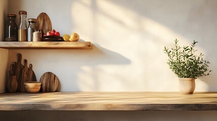 40. An empty wooden shelf in a charming country kitchen