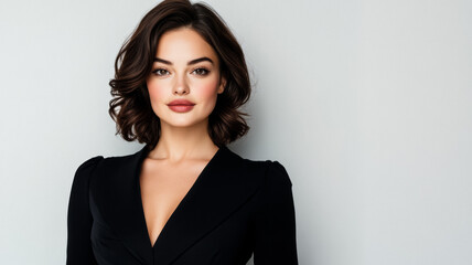 Fototapeta premium Beautiful Eastern European woman with sharp cheekbones and a charming smile wearing a sleek black dress standing confidently against a white background 