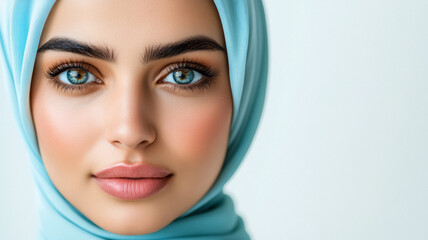 Beautiful Middle Eastern woman with expressive eyes and a soft smile wearing a pastel-colored hijab standing gracefully against a white background 