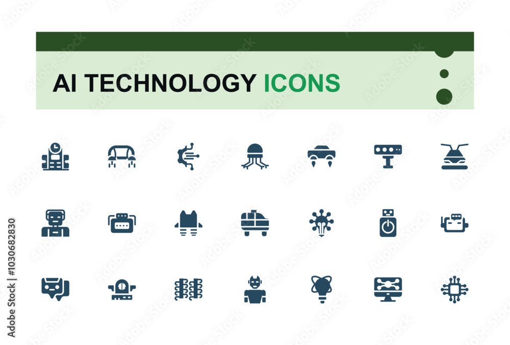 Poster set of solid icons like ai technology. related to future technology, internet, network, programming 