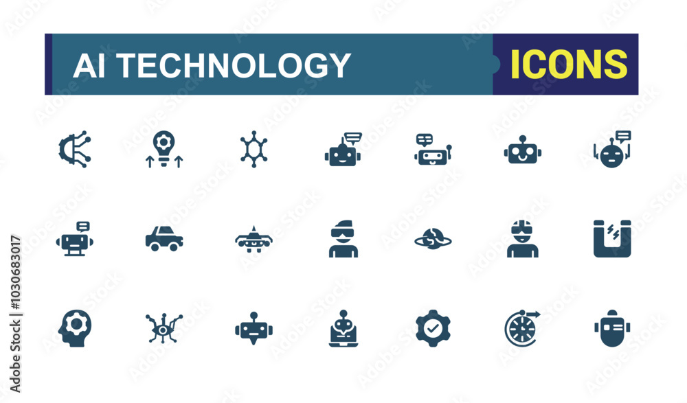 Poster set of solid icons like ai technology. related to future technology, internet, network, programming 