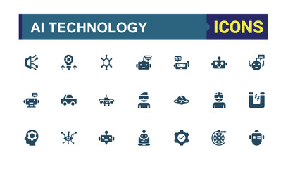 Set of solid icons like AI technology. Related to Future technology, internet, network, programming and more. Editable filled icon collection. pixel perfect. Vector illustration.