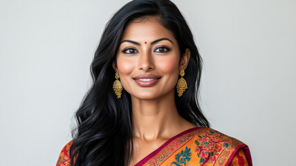 Beautiful South Asian woman with long black hair and a dazzling smile wearing traditional gold earrings and a colorful sari against a white backdrop 