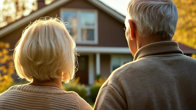 Senior couple standing in front of new house, rear view. Elderly family looking on their property. Buying home of dream. Mortgage, home loan concept