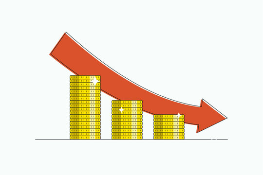 Money loss or recession concept. Stacks of gold coins with red decrease arrow. Vector illustration.