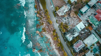 Aerial view of coastal town after hurricane, with uprooted trees, collapsed buildings, and debris scattered across streets, capturing the aftermath of natural disaster.