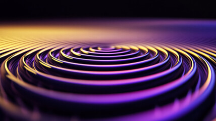 Circular sound ripples expand from the center in radiant yellows and purples creating a visual symphony of waves against a deep black backdrop 
