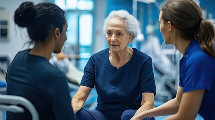 Obraz premium Photo of an elderly woman with a physical therapist in a hospital.