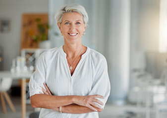 Portrait, mature woman and office with confidence, smile and pride as creative director in...