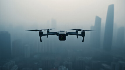Environmental monitoring drone sampling air quality above a bustling city sensors detecting pollution levels as it glides through the urban skyline 
