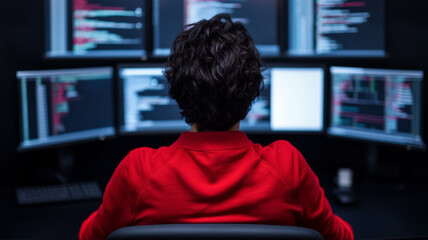 Female ethical hacker sitting at her desk surrounded by multiple screens coding furiously as digital data streams across her monitors 