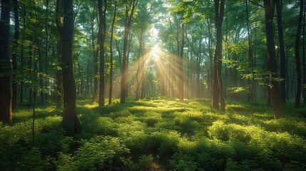 Fototapeta premium A lush green forest with sunlight filtering through the trees, emphasizing the critical need for environmental conservation and preserving natural habitats for biodiversity. Realistic photo. High