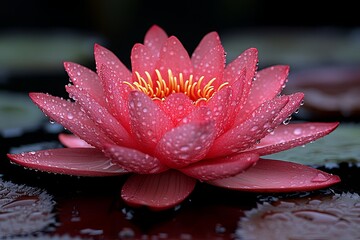 A vibrant pink lotus flower with water droplets sitting on a tranquil pond in the early morning light. Generative AI