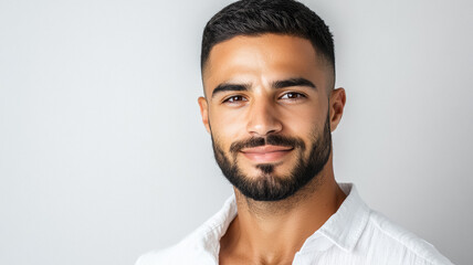 Obraz premium Handsome Middle Eastern man with a close-cropped beard and deep-set eyes smiling gently in a white linen shirt isolated on a white background 