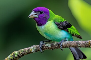 Obraz premium Rare green and purple bird singing on a sunlit branch