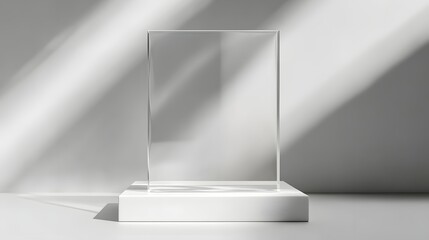 20. A clear acrylic display stand on a white surface, against a plain background