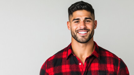 Obraz premium Handsome Native Alaskan man with short dark hair and a calm smile dressed in a warm flannel shirt standing against a clean white background 