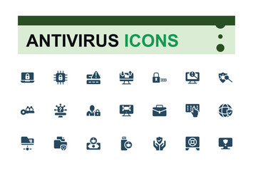 Antivirus icons solid collection. Set of security,  scan, protection and password. Filled icons for web and ui design. Editable and pixel perfect symbol pack.